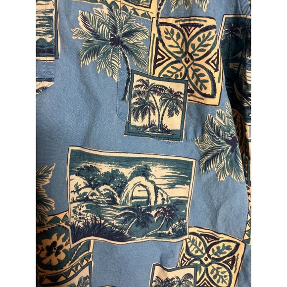 Vintage Reyn Spooner Men's Small Pullover 1/3 Button Blue Palm Trees Shirt FLAW - Picture 4 of 11